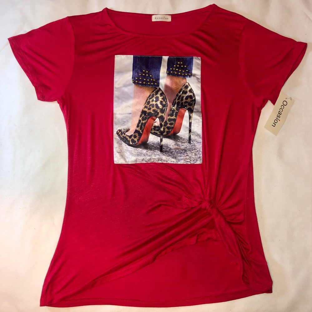Occasion | XL Red & Leopard Heel & Jean Rhinestone Fashion Shirt. New w/ tags.